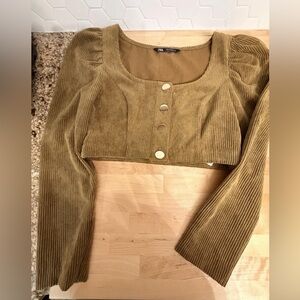 ZARA Olive-Green Corduroy Cropped Button Front Top